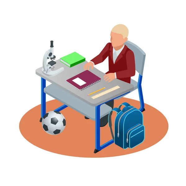 Isometric education concept. Boy makes a homework, sitting and writting. Schoolboy is learning the lessons. Vector illustration. — Stock Vector