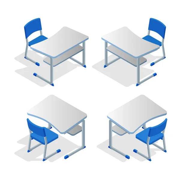 Isometric set of school or college desk table with chair isolated on white background. Teaching class. Students and pupils. Furniture for school. — Stock Vector