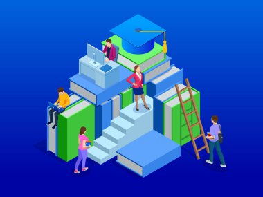 İzometrik banner web online öğrenme kavramı küresel dünyada eğitim için. Kitap adım eğitim. Vektör çizim.