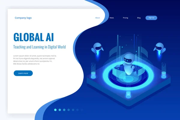 Concepto de inteligencia artificial isométrica. Tecnología e ingeniería. Enseñanza y aprendizaje en el mundo digital. Contexto digital y tecnológico — Archivo Imágenes Vectoriales