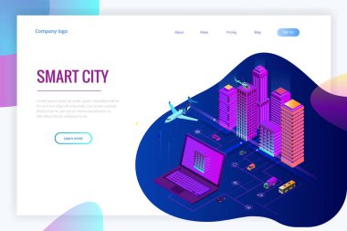İzometrik Modern şehir. Konsept Web sitesi şablonu. Akıllı şehir Internet şeyler, ağlar ve artırılmış gerçeklik kavramı ile akıllı hizmet ve simgeler,