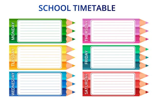 Modelo de horário escolar para alunos ou alunos com dias de semana e espaços livres para anotações. Ilustração vetorial . — Vetor de Stock