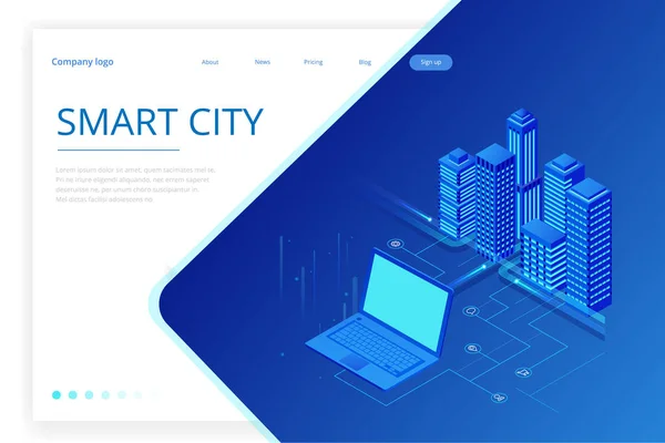 Ισομετρική σύγχρονη πόλη. Έννοια ιστοσελίδα πρότυπο. Έξυπνη πόλη με έξυπνες υπηρεσίες και τα εικονίδια, Διαδίκτυο των πραγμάτων, δίκτυα και επαυξημένης πραγματικότητας έννοια — Διανυσματικό Αρχείο