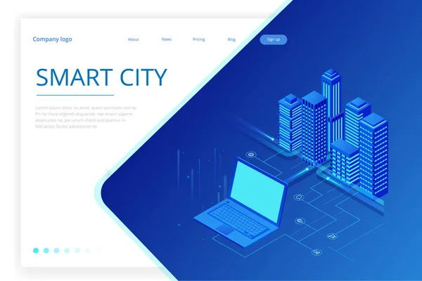 Isométrica ciudad moderna. Plantilla de sitio web conceptual. Ciudad inteligente con servicios e iconos inteligentes, internet de las cosas, redes y concepto de realidad aumentada — Archivo Imágenes Vectoriales