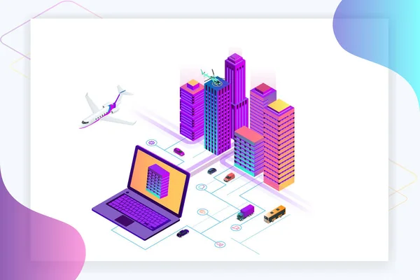 Isometric Modern city. Concept website template. Smart city with smart services and icons, internet of things, networks and augmented reality concept — Stock Vector