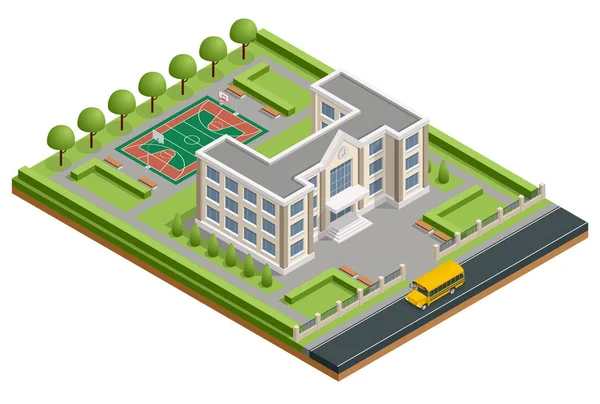 Le bâtiment de l'école publique. Bâtiment scolaire extérieur avec un stade de sport, un autobus scolaire et un parc. Icône d'illustration vectorielle ou élément infographique — Image vectorielle