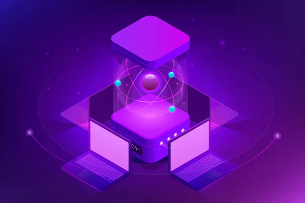 Calcolo isometrico quantistico o supercalcolo. Un computer quantistico è un dispositivo che esegue il calcolo quantistico. Illustrazione vettoriale — Vettoriale Stock