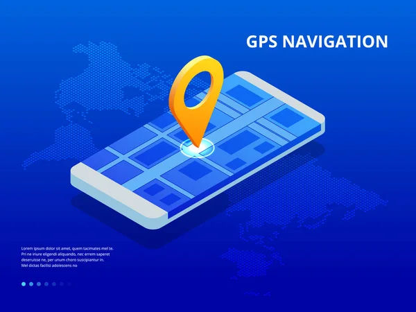 Navegación GPS isométrica en el teléfono con un puntero rojo. Ilustración vectorial sobre fondo azul — Vector de stock