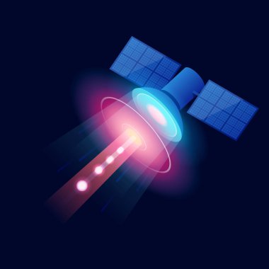 İzometrik Gps uydu. Kablosuz uydu teknolojisi. Dünya küresel net. Ekipman için uydu Tv ve radyo yayını. Vektör çizim