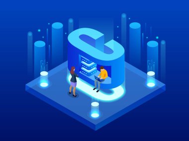 İzometrik vektör soyut büyük veri görselleştirme. Fütüristik C harfi tasarım. Görsel bilgi karmaşıklığı. Sosyal ağ veya iş analytics Gösterim