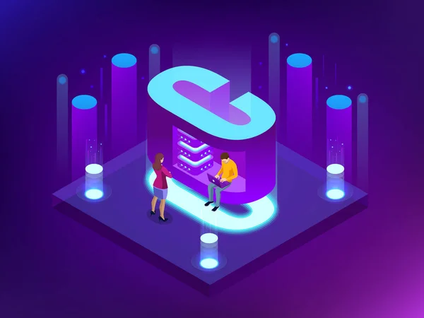 Isometric vector abstract Big Data visualization. Futuristic C letter design. Visual information complexity. Social network or business analytics representation