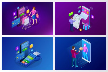 İzometrik hızlı teslimat Servisi, Online teslimat, Online alışveriş, finans araç web afiş kavramı. Modern vektör çizim düşman Web sitesi ya da borç verme