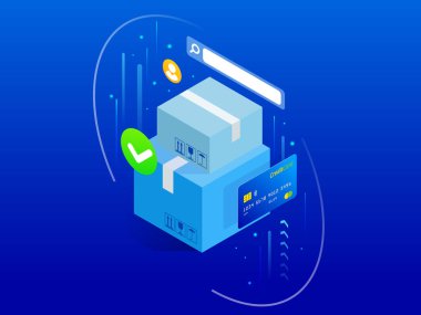 İzometrik hızlı teslimat Servisi, Online teslimat, Online alışveriş, finans araç web afiş kavramı. Modern vektör çizim düşman Web sitesi ya da borç verme