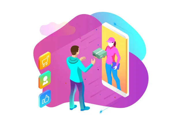 Isometric Fast Delivery Service, Entrega on-line, Compras on-line, Instrumento Financeiro conceito banner web. Ilustração vetorial moderna site inimigo ou empréstimo — Vetor de Stock