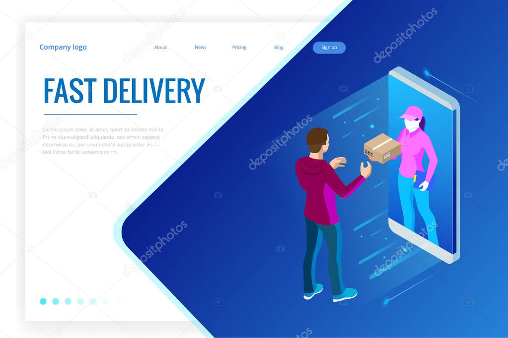 Isometric Fast Delivery Service, Online Delivery, Online Shopping, Finance Instrument web banner concept. Modern vector illustration foe website or lending