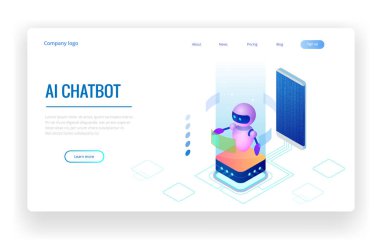 İzometrik yapay zeka. Sohbet etmek ve gelecekteki pazarlama. AI ve iş çok kavramı. İletişim yardım hizmeti. Vektör çizim.