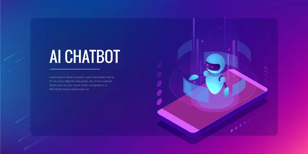 Isometric Artificial Intelligence. Chatbot dan pemasaran masa depan. Konsep AI dan bisnis IOT. Layanan bantuan dialog. Ilustrasi vektor . - Stok Vektor