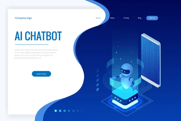 Isometric Artificial Intelligence. Chatbot and future marketing. AI and business IOT concept. Dialog help service. Vector illustration. — Stock Vector