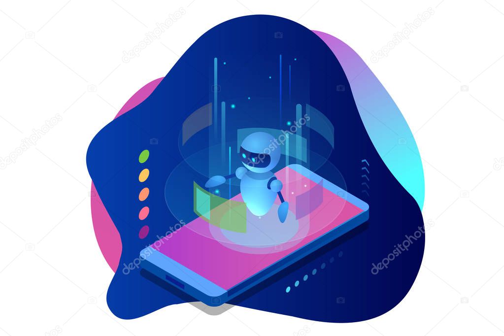 Isometric Artificial Intelligence. Chatbot and future marketing. AI and business IOT concept. Dialog help service. Vector illustration.