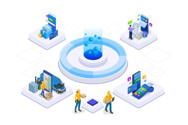 İzometrik vektör Online alışveriş kavramı. Açılış sayfası şablonu. Modern ultraviyole tasarım bir web sayfası için. Satılık, tüketim, Satın almak online ve e-ticaret kavramı.