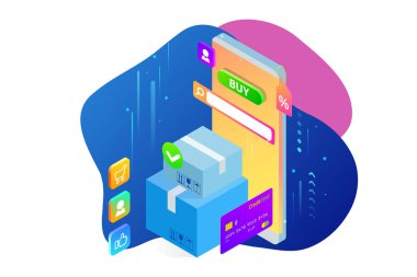 İzometrik vektör Online alışveriş kavramı. Açılış sayfası şablonu. Modern ultraviyole tasarım bir web sayfası için. Satılık, tüketim, Satın almak online ve e-ticaret kavramı.