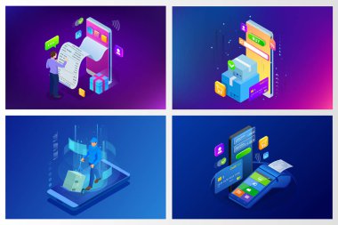 İzometrik vektör Online alışveriş kavramı. Açılış sayfası şablonu. Modern ultraviyole tasarım bir web sayfası için. Satılık, tüketim, Satın almak online ve e-ticaret kavramı.