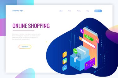 İzometrik vektör Online alışveriş kavramı. Açılış sayfası şablonu. Modern ultraviyole tasarım bir web sayfası için. Satılık, tüketim, Satın almak online ve e-ticaret kavramı.