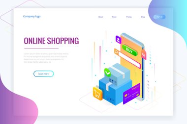 İzometrik vektör Online alışveriş kavramı. Açılış sayfası şablonu. Modern ultraviyole tasarım bir web sayfası için. Satılık, tüketim, Satın almak online ve e-ticaret kavramı.