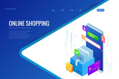 İzometrik vektör Online alışveriş kavramı. Açılış sayfası şablonu. Modern ultraviyole tasarım bir web sayfası için. Satılık, tüketim, Satın almak online ve e-ticaret kavramı.