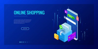 İzometrik vektör Online alışveriş kavramı. Açılış sayfası şablonu. Modern ultraviyole tasarım bir web sayfası için. Satılık, tüketim, Satın almak online ve e-ticaret kavramı.