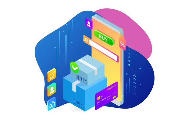 Isometrischer Vektor Online-Shopping-Konzept. Landingpage-Vorlage. modernes ultraviolettes Design für eine Webseite. Verkauf, Konsum, Online-Kauf und E-Commerce-Konzept. — Stockvektor