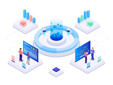 İzometrik iş strateji ve planlama. Yatırımlar ve çözümleme verisi. Vektör çizim sunu veya açılış sayfası için. SEO analytics ekibi.