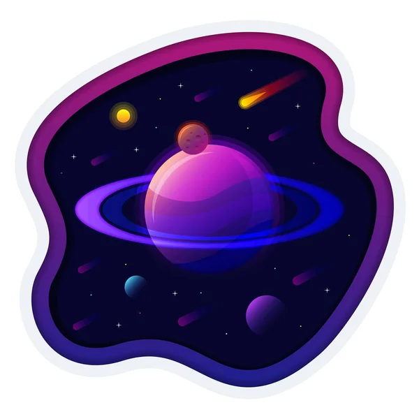 Saturno planeta sistema solar com estrelas. fundo espacial futurista. Universo abstrato com grande ilustração vetorial do planeta ultravioleta —  Vetores de Stock