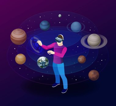 Sanal gerçeklik bardaklarda izometrik adam güneş sisteminin gezegenleri görünüyor. Güneş, Merkür, Venüs, dünya, Mars, Jüpiter, Satürn, Uranüs, Neptün. Bilim ve eğitim vektör arka plan.