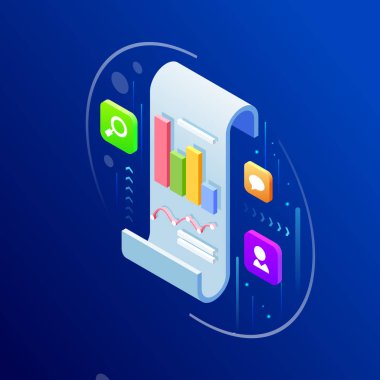 İzometrik iş veri analizi yönetimi kavramı işlemek. Vektör çizim