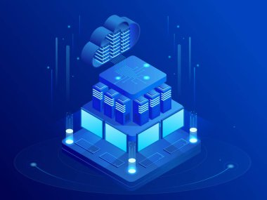 İzometrik bulut teknolojileri kavramı ağ. Web bulut teknoloji iş. Internet veri Hizmetleri. Çevrimiçi depolama hesaplanıyor. İllüstrasyon vektör