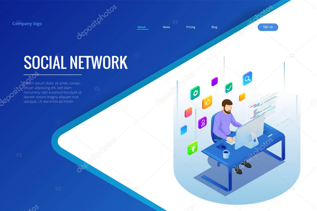 Isometric social media or social network concept. Internet marketing, like and message icons, chatting. People using a smart phone, tablet and laptop for working or playing social network, website