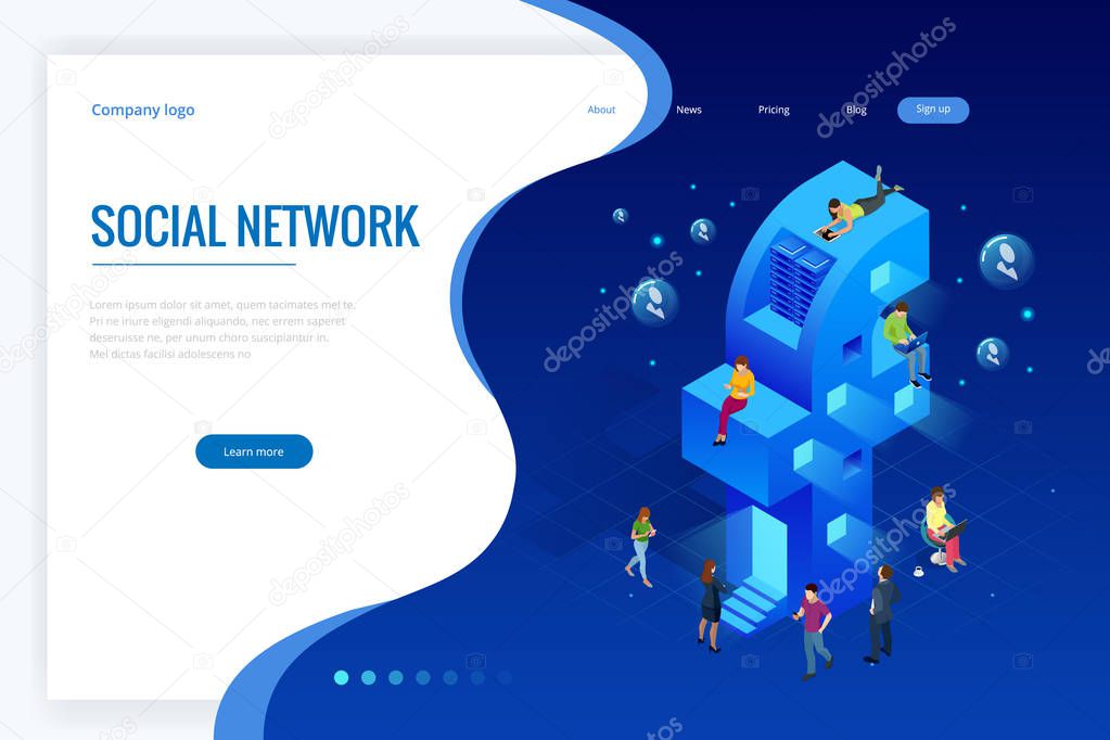 Isometric social media or social network concept. Internet marketing, like and message icons, chatting. People using a smart phone, tablet and laptop for working or playing social network, website