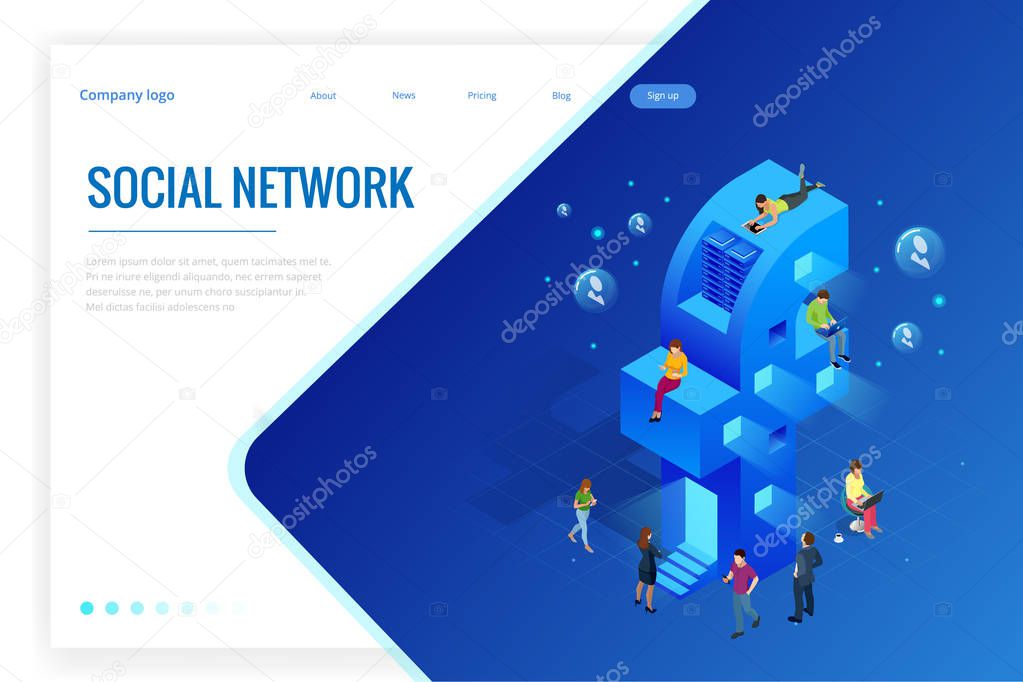 Isometric social media or social network concept. Internet marketing, like and message icons, chatting. People using a smart phone, tablet and laptop for working or playing social network, website