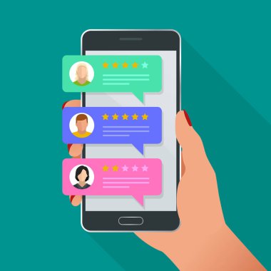 Müşteri değerlendirmeleri. Bir daha gözden geçirme üstünde hareket eden telefon, geribildirim vektör çizim puan. Akıllı telefon ürünleri satın almadan önce okuma müşteri İnceleme.