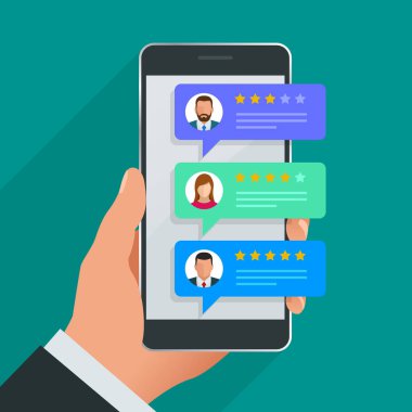Müşteri değerlendirmeleri. Bir daha gözden geçirme üstünde hareket eden telefon, geribildirim vektör çizim puan. Akıllı telefon ürünleri satın almadan önce okuma müşteri İnceleme.
