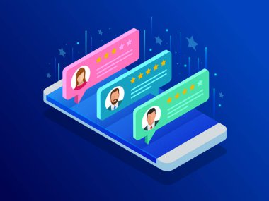 Müşteri değerlendirmeleri. Bir daha gözden geçirme üstünde hareket eden telefon, geribildirim vektör çizim puan. Akıllı telefon ürünleri satın almadan önce okuma müşteri İnceleme.