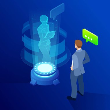 İzometrik adam soyut fütüristik ekran hologram ile iletişim kurar. İş toplantısı. Ağ, iletişim, ekonomi, teknoloji, kavram augmented reality