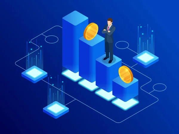 Isometric Data Analytics and Online Statistics concept. Digital Currency Exchange. Digital money market, investment, finance, trading. — Stock Vector