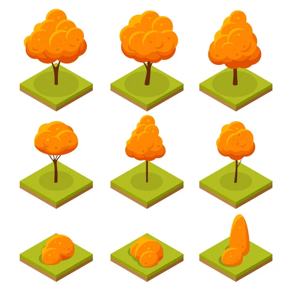 Isometrisk färgglada höstträd inställd. Gul orange falla träd och höstlig trädgård platt illustration. För infographics, spel och design — Stock vektor
