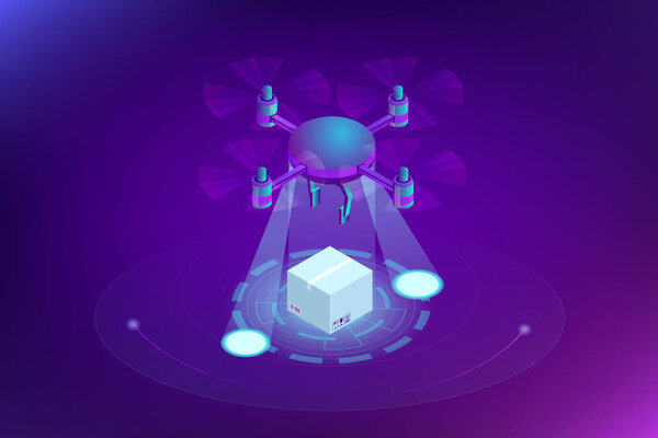 Isometric Drone Fast Delivery of goods in the city. Technological shipment innovation concept. Autonomous logistics Template for presentation, report design, website.