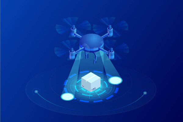 Isometric Drone Fast Delivery of goods in the city. Technological shipment innovation concept. Autonomous logistics Template for presentation, report design, website.