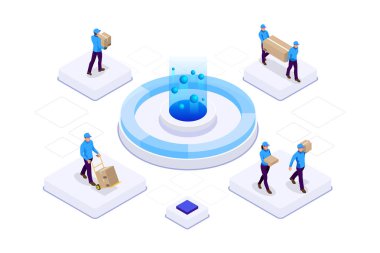 İzometrik kavramı teslim erkek ve kadın üniformalı holding kutuları ve belgeleri farklı teşkil etmektedir. Koleksiyon teslim hizmeti işçi beyaz arka plan üzerinde izole. Kurye veya teslimat hizmeti