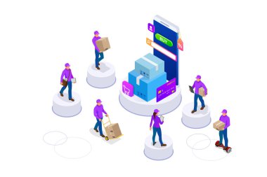 İzometrik kavramı teslim erkek ve kadın üniformalı holding kutuları ve belgeleri farklı teşkil etmektedir. Koleksiyon teslim hizmeti işçi beyaz arka plan üzerinde izole. Kurye veya teslimat hizmeti