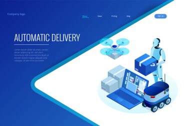 İzometrik dron hızlı teslimat şehrin malların. Teknolojik sevk irsaliyesi yenilik kavramı. Özerk lojistik. Robot teslim web kavramı
